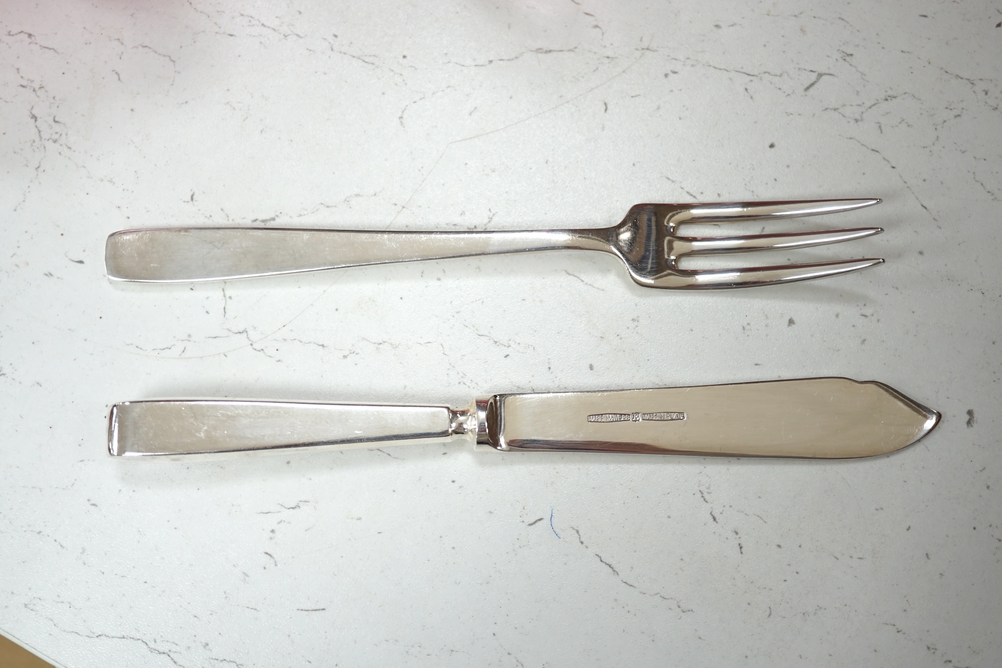 A Mappin and Webb oak canteen of silver plated cutlery, case 44 x 35 x 11cm. Condition fair to good, some staining to top of canteen, contents good.